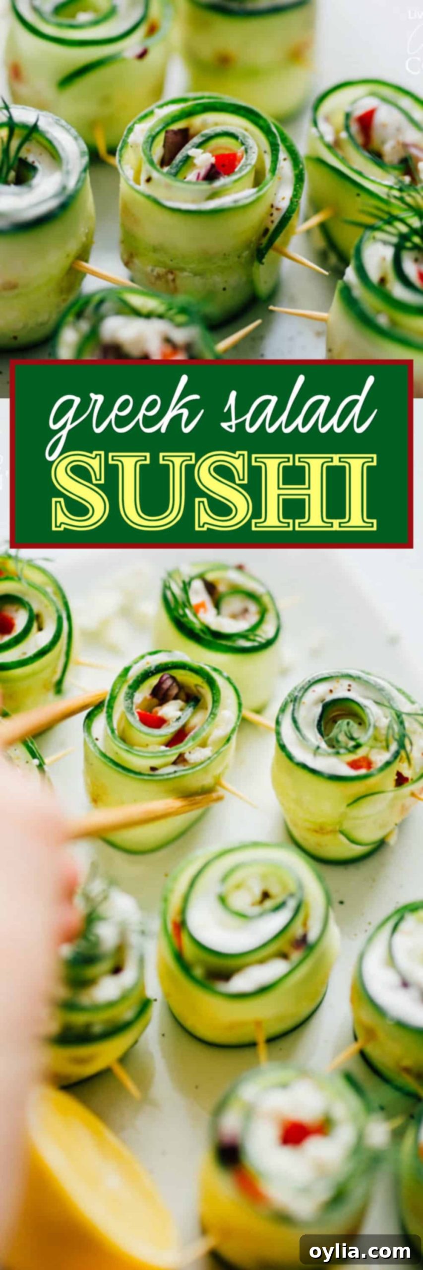 Hellenic Sushi Rolls 7 pinterest image that says greek salad sushi