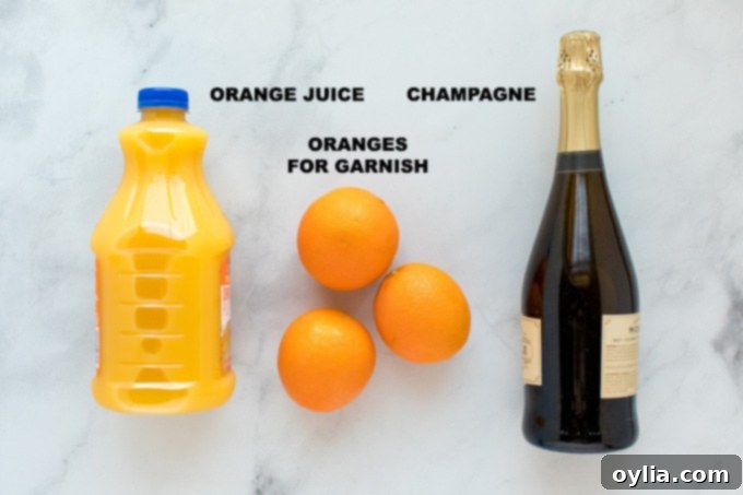 Ingredients for making mimosas laid out: orange juice, champagne, and oranges.