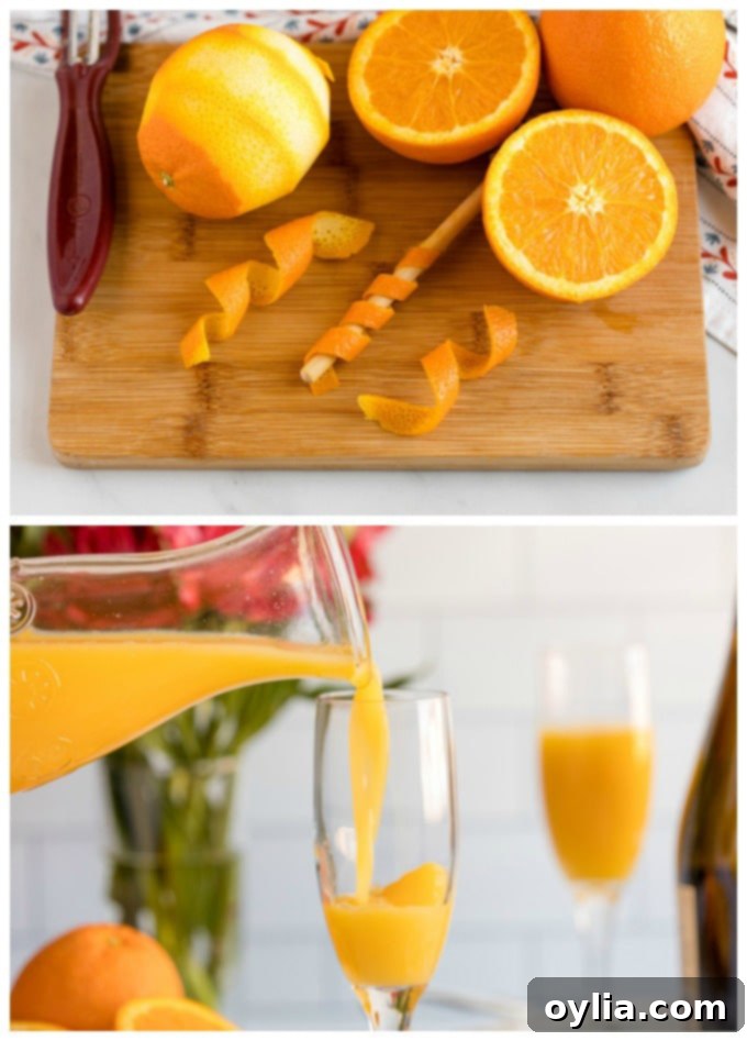 Pouring orange juice into a champagne flute, the first step in making a mimosa.