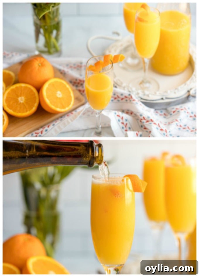 Topping off orange juice with champagne in a flute to complete a mimosa.