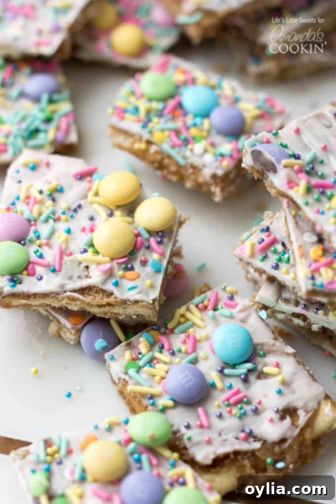 Close-up of Festive Easter Toffee candy with pastel colors, decorated with M&M's and sprinkles.