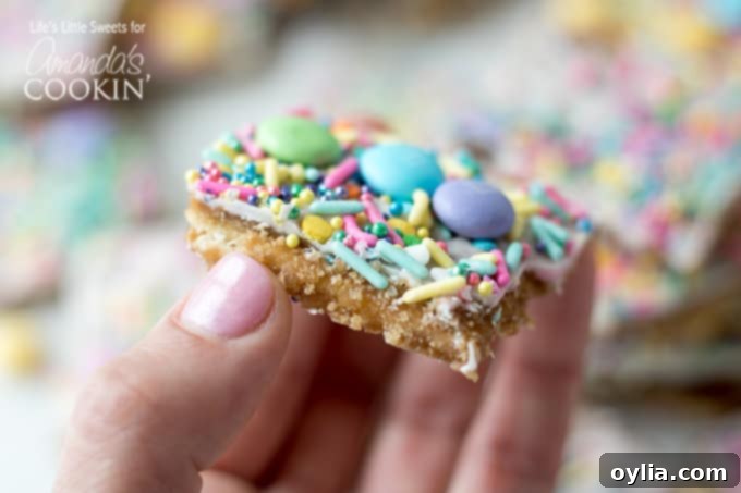 A single piece of Easter Toffee, showing the crisp saltine base, golden toffee layer, white chocolate, and festive sprinkles.
