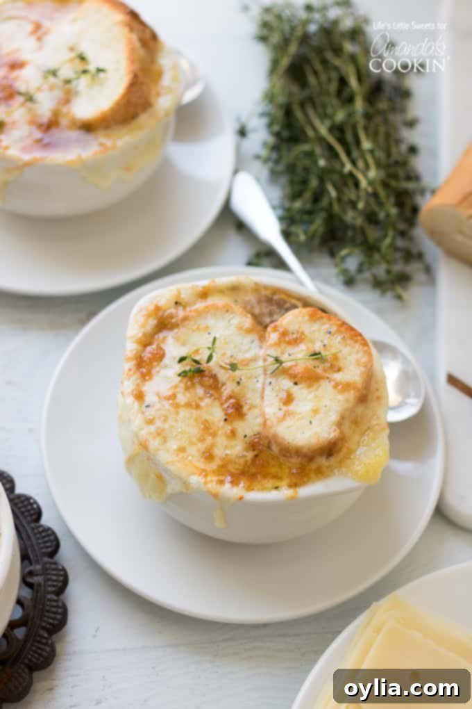 A close-up of a French Onion Soup Recipe with a golden-brown cheese crust and a hint of steam rising.