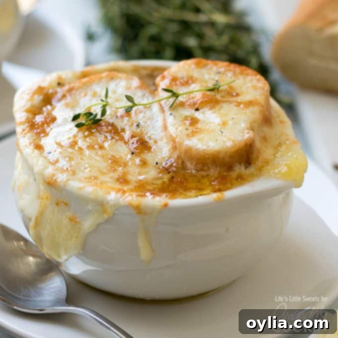 French Onion Soup served in a rustic ceramic bowl with a spoon, highlighting the melted cheese topping.