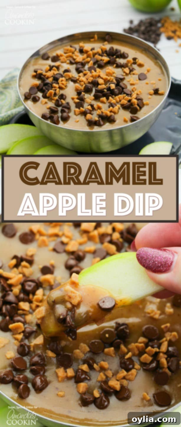 pinterest image with text on it for caramel apple dip