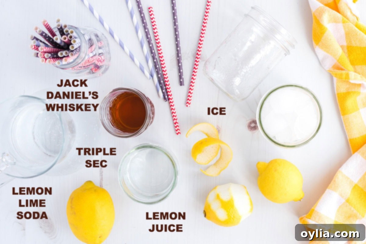 Tennessee Zest 2 labeled ingredients for a Lynchburg Lemonade cocktail