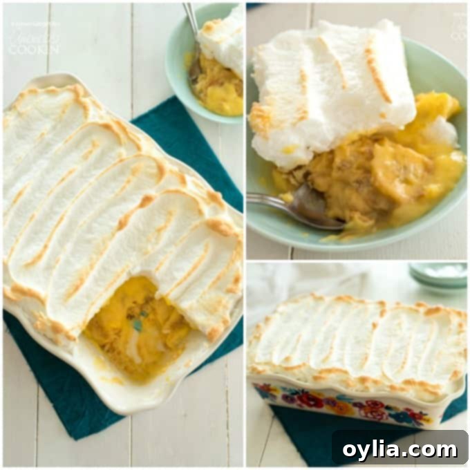 A collage of three different angles of a serving of banana pudding, highlighting the layers and meringue
