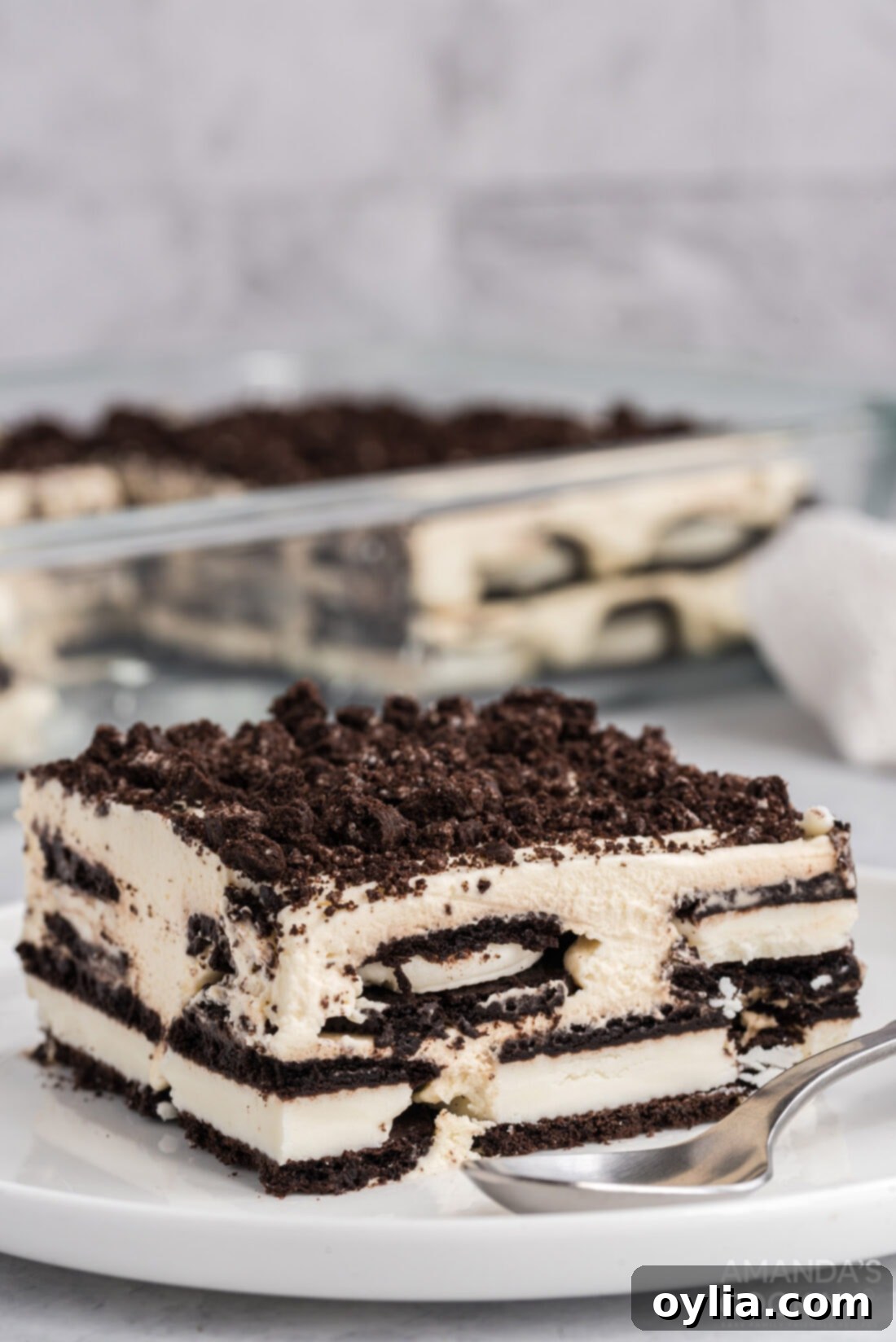 Effortless Oreo Dream Cake 2 slice of Oreo Icebox Cake