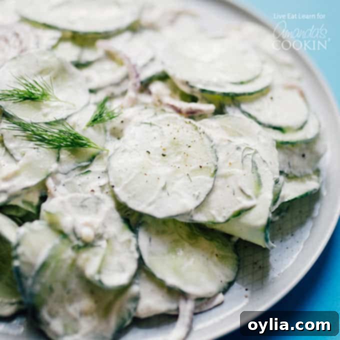 Thinly sliced cucumbers mixed with creamy Tzatziki sauce in a bowl
