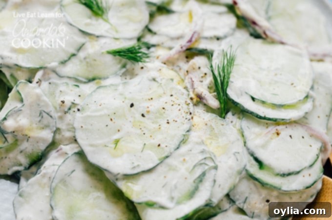 A bowl of Tzatziki Cucumber Salad, a refreshing mix of cucumber, red onion, and yogurt dressing