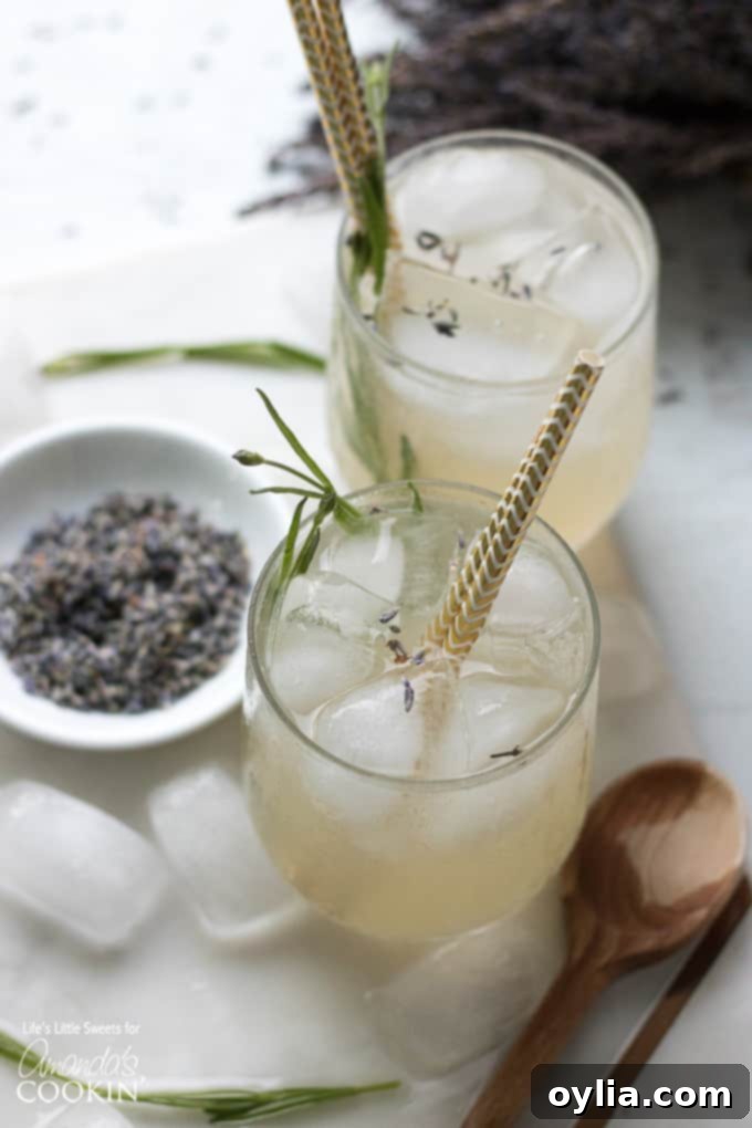 Lavender Lemonade Recipe, garnished with dried lavender flowers and fresh sprigs