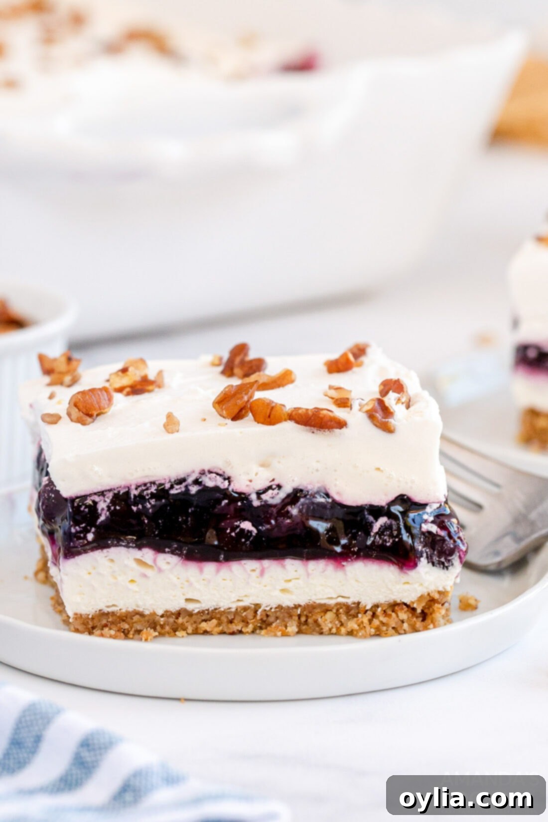 A perfectly sliced piece of Blueberry Delight Lush on a plate, showing all the luscious layers ready to be enjoyed.