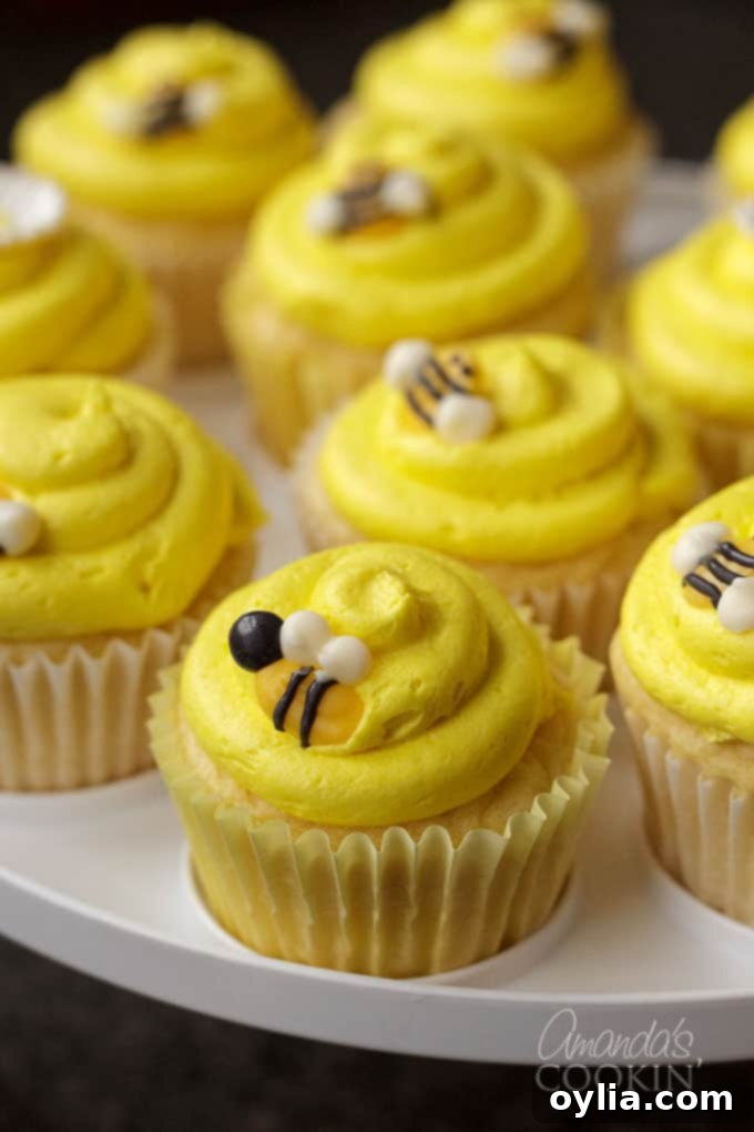close up of bee cupcakes