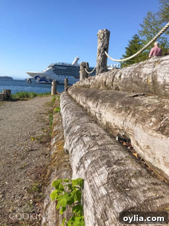 A rustic wood log wall frames a view of a majestic cruise ship docked at Icy Strait Point, Alaska.