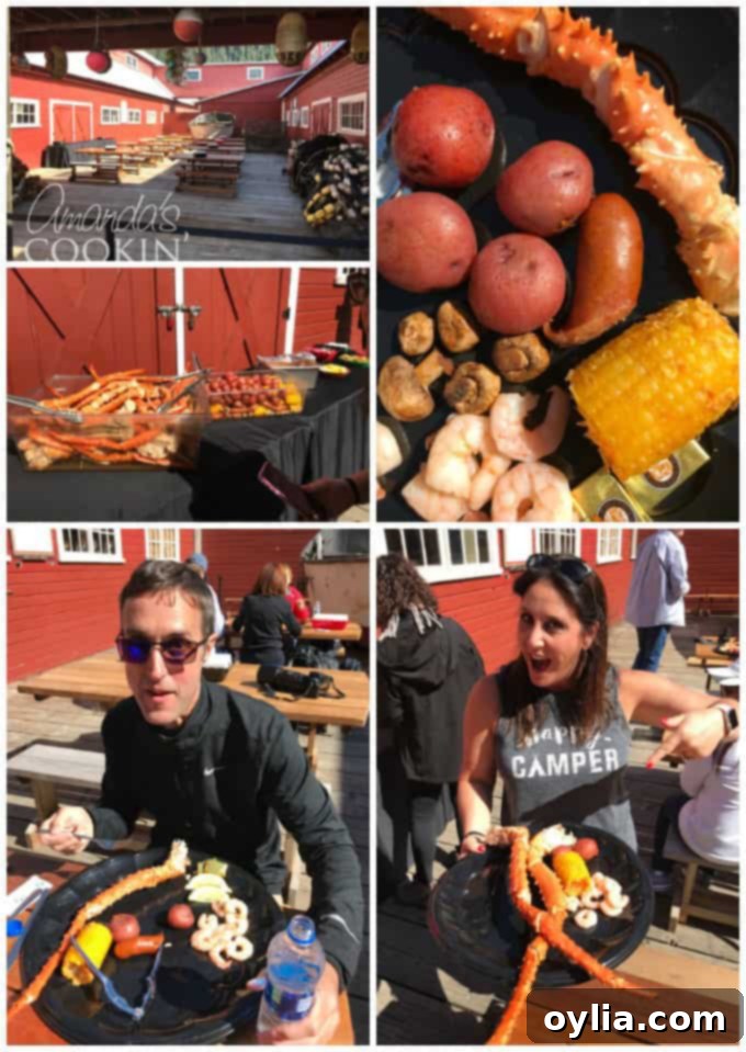 A vibrant collage of photos showcasing friends enjoying a delicious seafood lunch in Alaska.