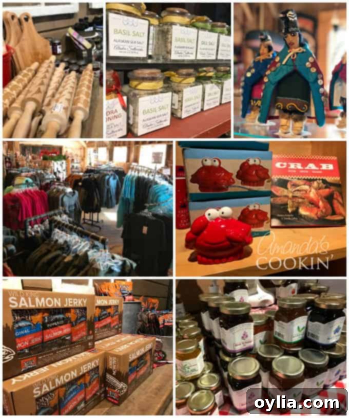 A vibrant display of various Alaskan souvenirs and local products inside a shop at Icy Strait Point.