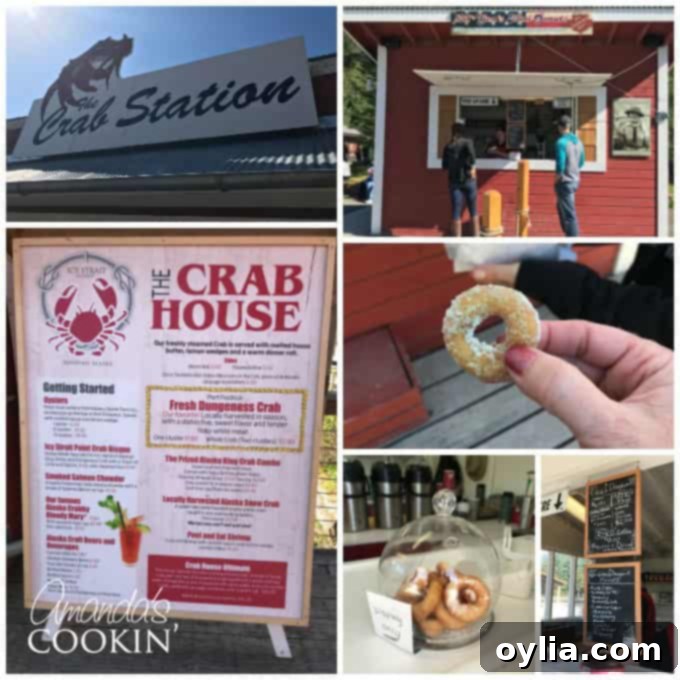 A charming small doughnut shop with a window display of freshly made mini donuts at Icy Strait Point.