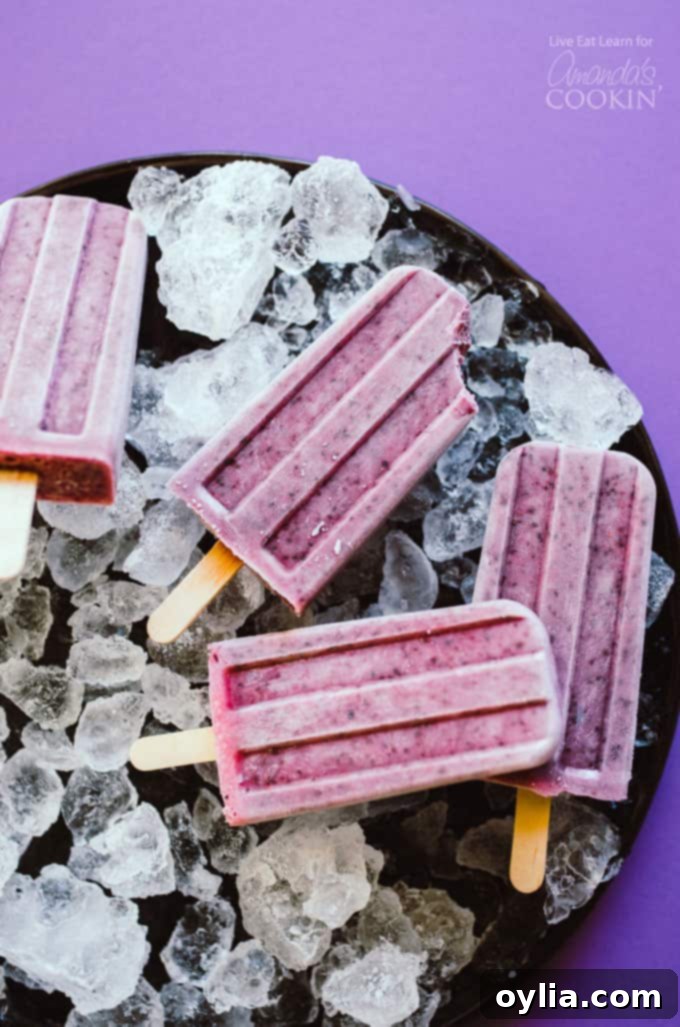 Delicious and healthy Blueberry Cheesecake Popsicles on a white plate with fresh blueberries, ready to be enjoyed as a refreshing summer treat.