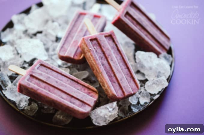 Close-up shot of a Blueberry Cheesecake Popsicle on a bed of ice, emphasizing its appealing color and smooth texture.