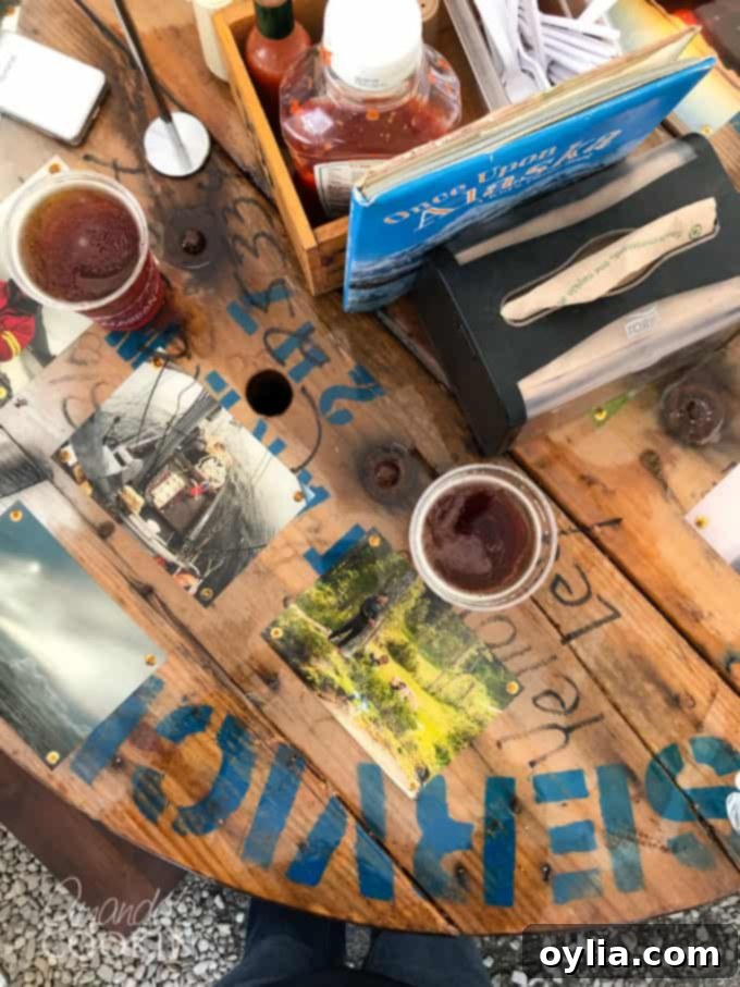 Close-up of delicious fish tacos and a beer at Deckhand Dave's in Juneau, Alaska