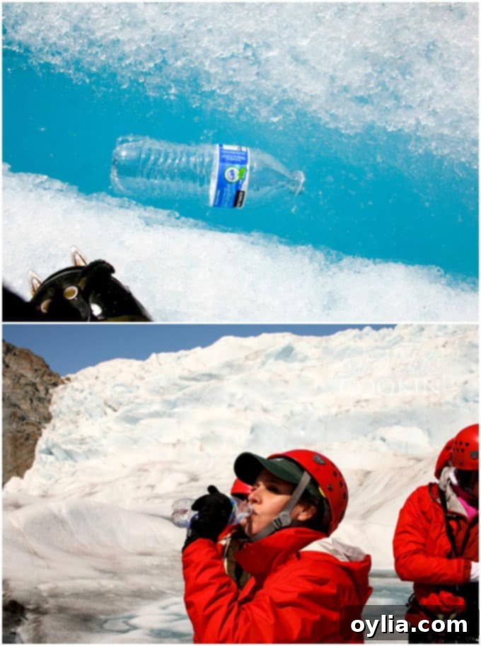 Woman drinking pure glacier water directly from the Mendenhall Glacier