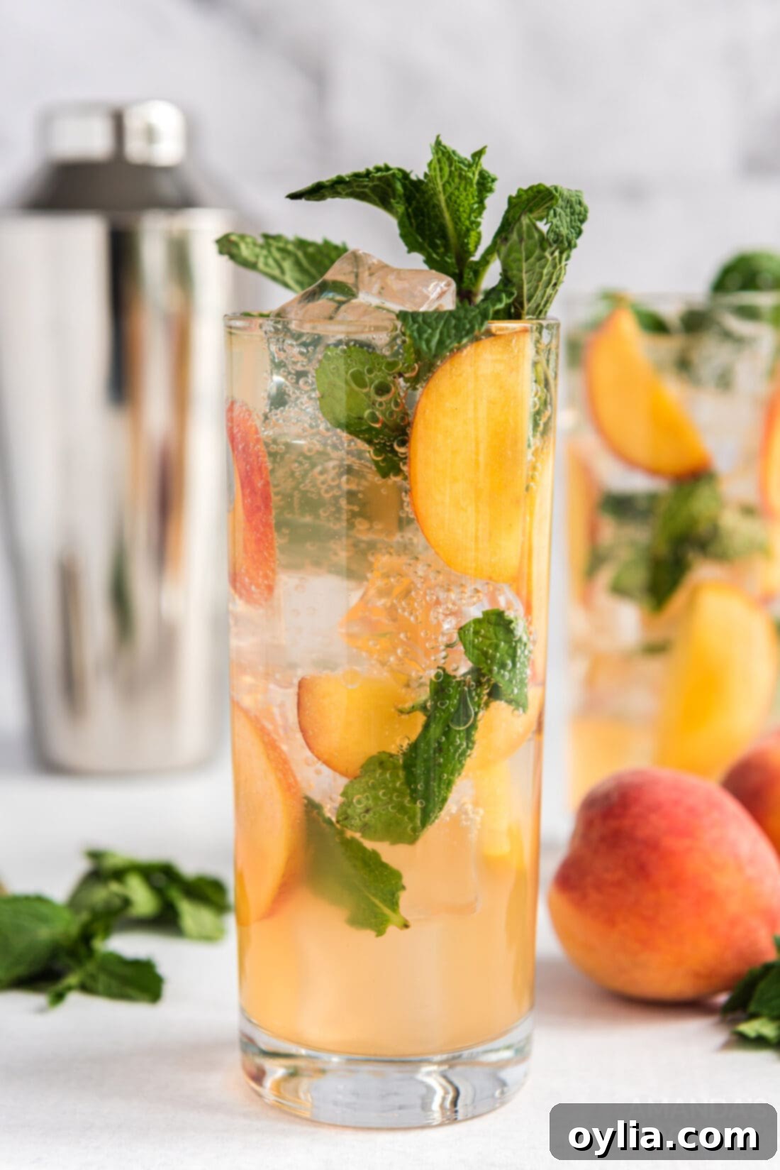 Two glasses of peach mojito garnished with fresh peach slices and mint sprigs, set against a bright, summery background.