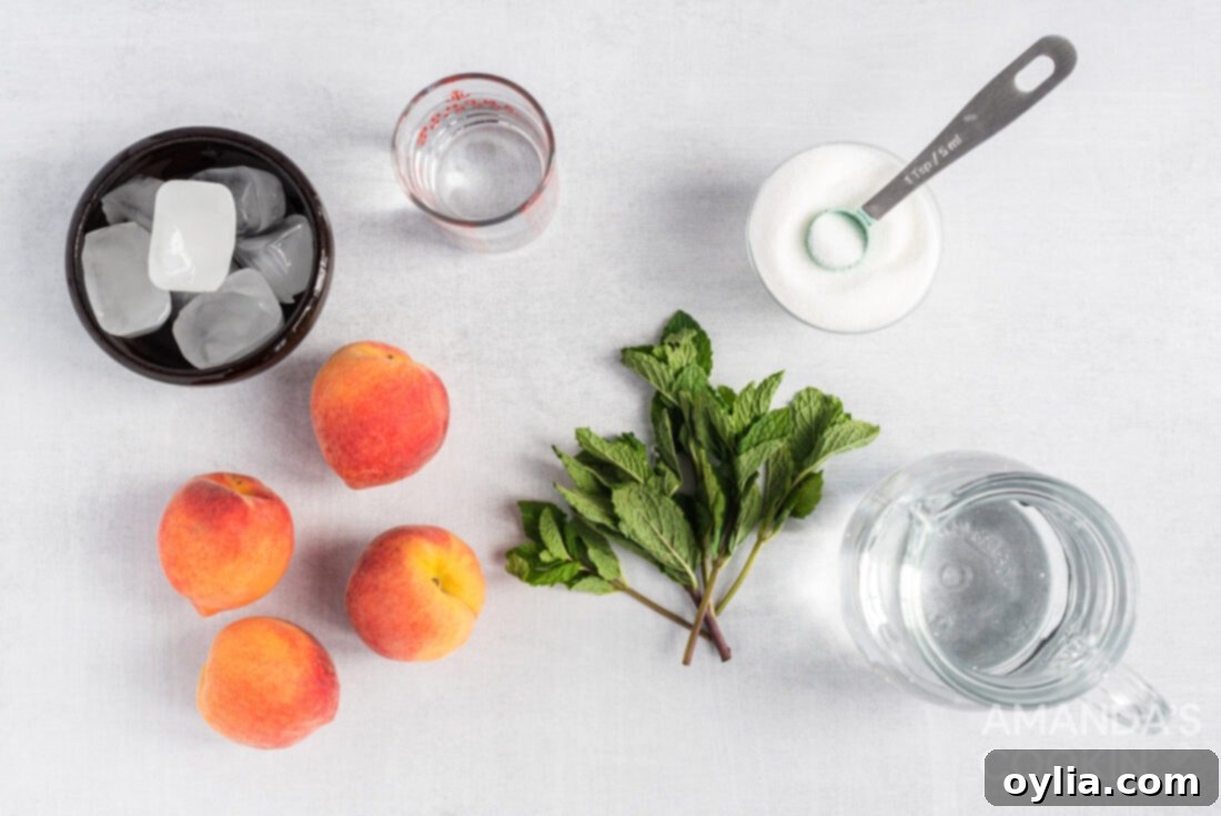 Fresh peaches, mint leaves, a bottle of white rum, sugar, and club soda — all the ingredients for a peach mojito laid out on a table.