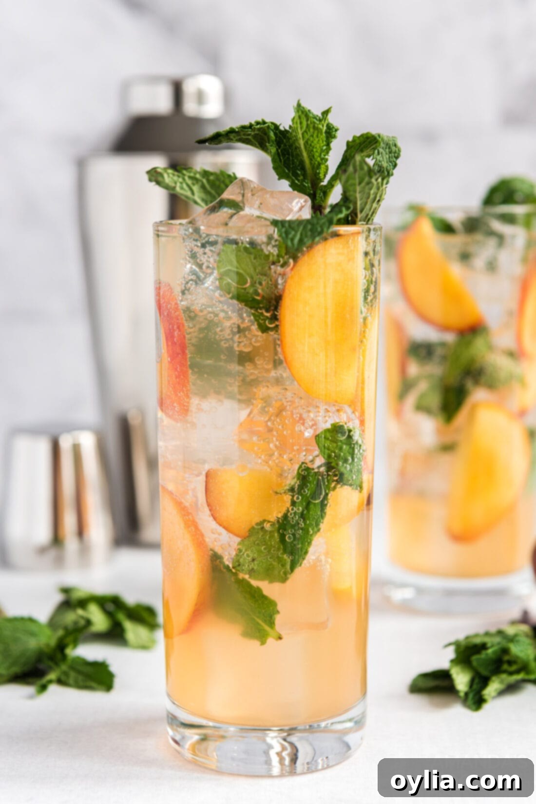 A single tall glass of peach mojito, beautifully garnished with a peach slice and mint, highlighting its refreshing appeal.