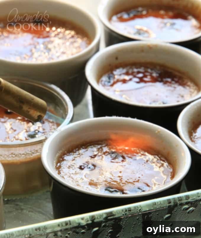 Espresso creme brulee with a perfectly torched, glassy sugar topping, ready to be cracked with a spoon.