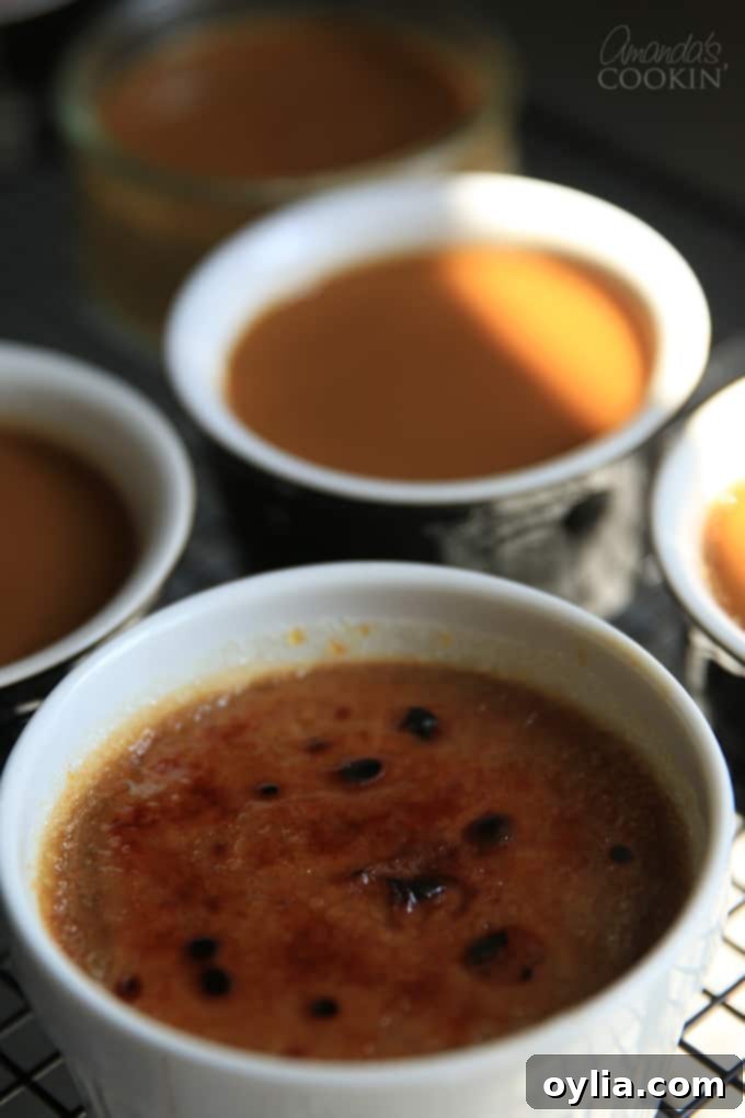 A beautifully presented Espresso Creme Brulee in a ramekin, showcasing its rich texture and caramelized top.