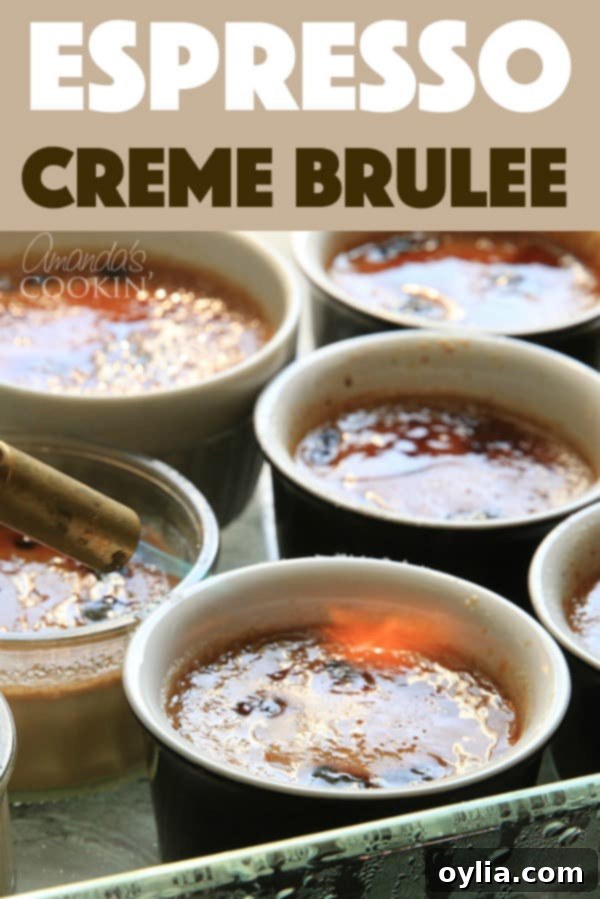 This decadent Espresso Creme Brûlée combines the rich flavor of espresso coffee and the classic French custard for a dessert made in heaven. #cremebrulee #espresso #coffee #drinkrecipes #dessert #princesscruises Pinterest graphic for Espresso Creme Brulee recipe featuring a torched creme brulee.