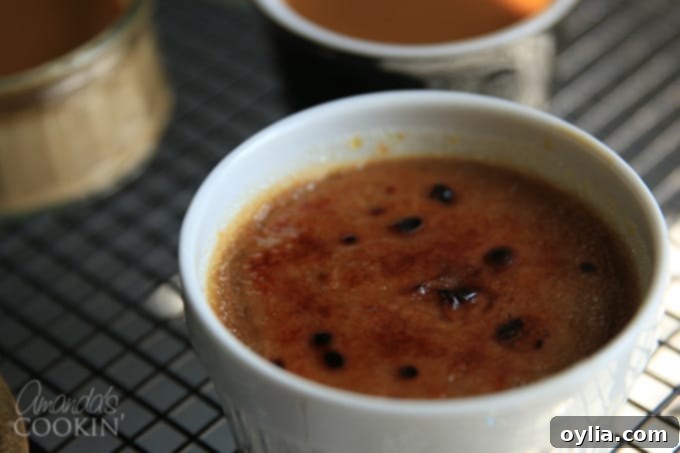 Close-up shot of a single serving of Espresso Creme Brulee in a ramekin, showcasing the dark, rich custard and golden caramelized topping.