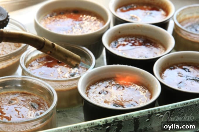 Using a kitchen torch to brown and caramelize the sugar topping on Espresso Creme Brulee.