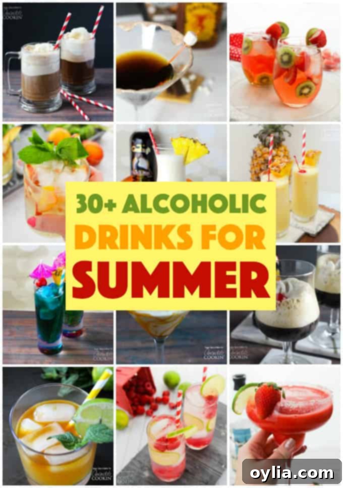 A vibrant collection of alcoholic drinks perfect for summer gatherings, featuring various cocktails and garnishes.