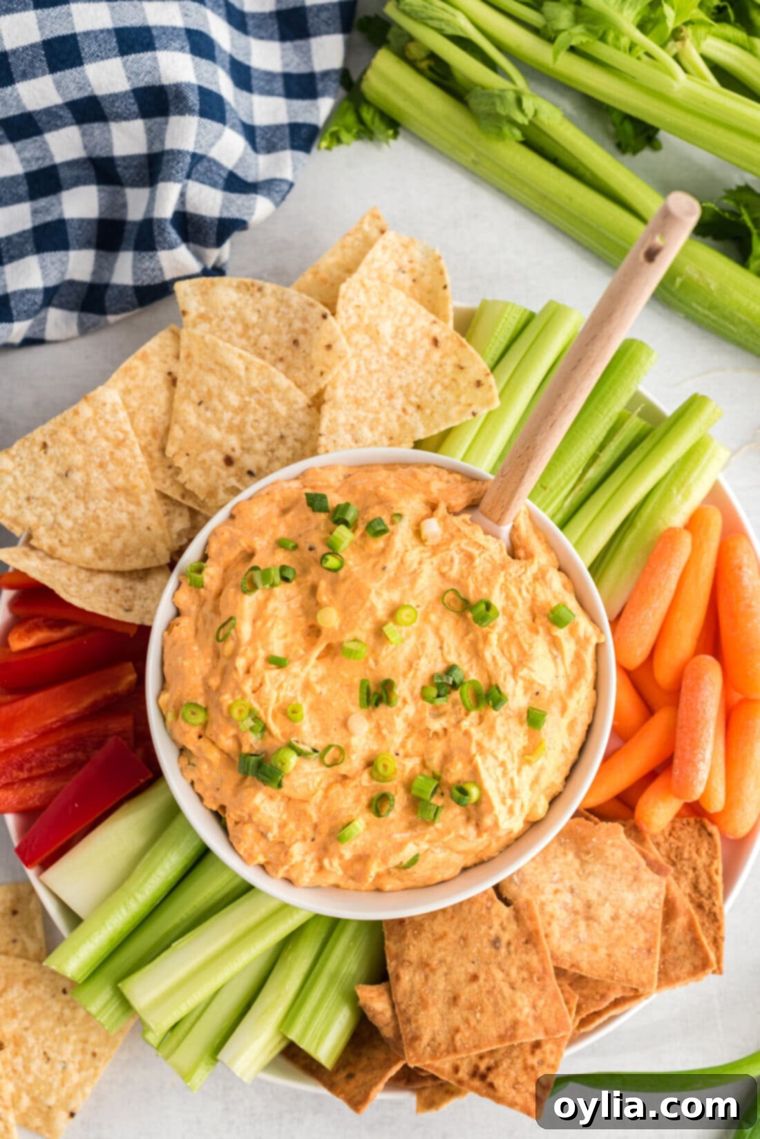 Buffalo Chicken Dip in a bowl with chips