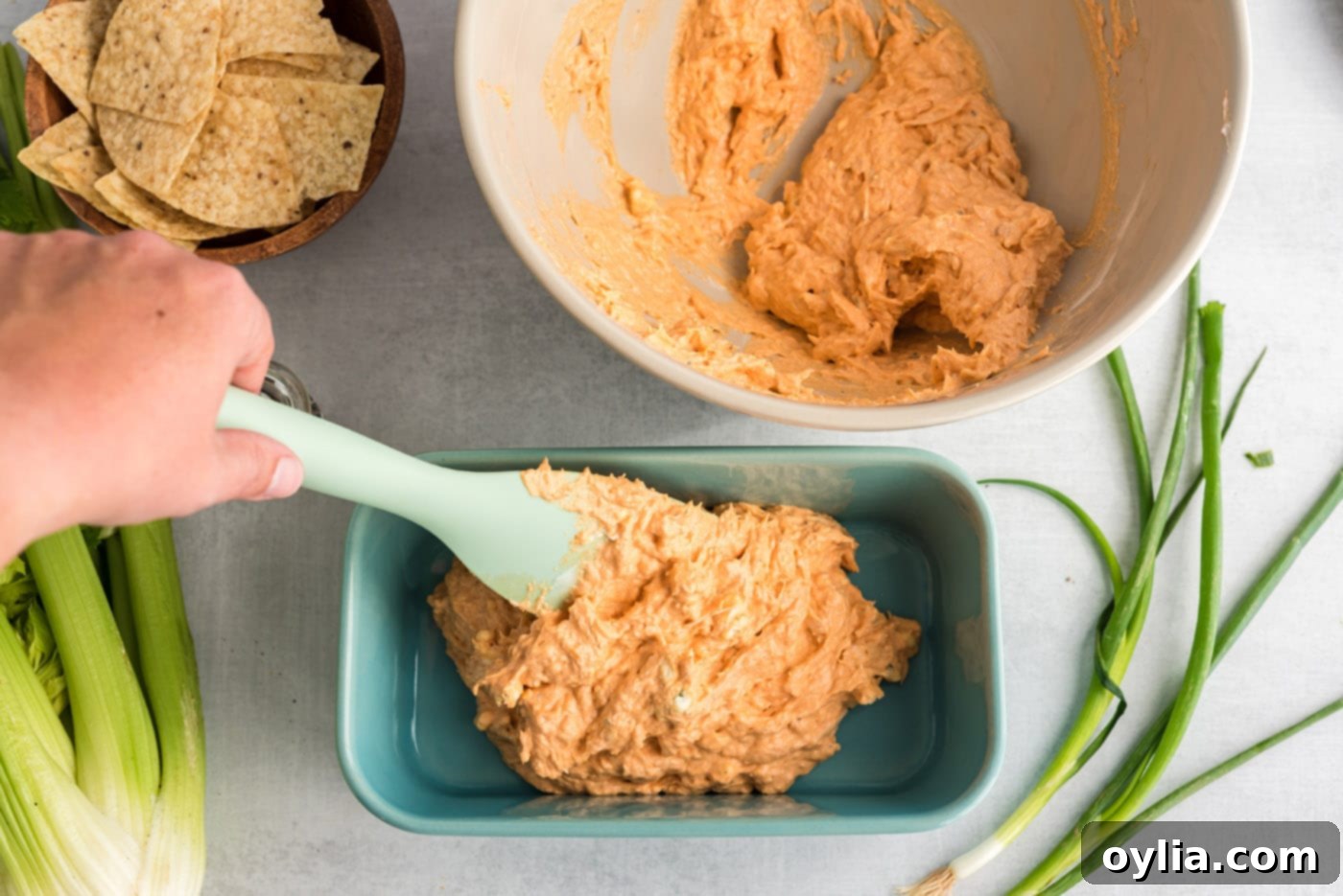 buffalo chicken dip in a casserole dish
