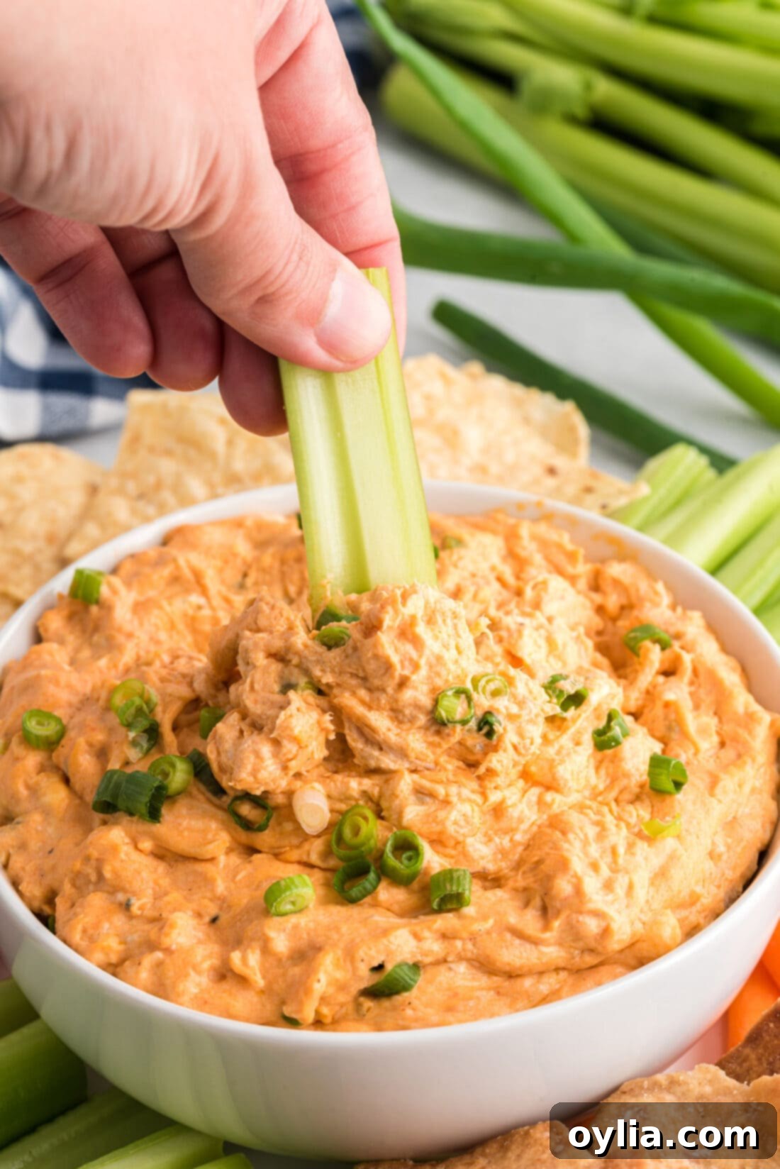 dipping celery stick into Buffalo Chicken Dip