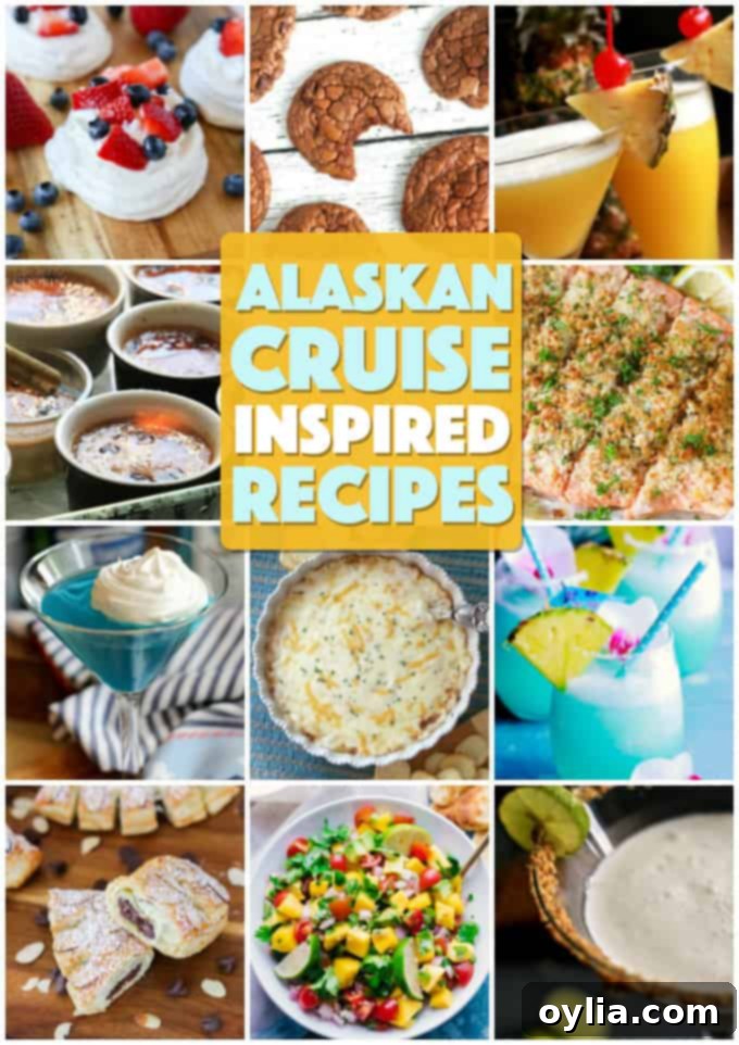A collage of various delicious Alaskan cruise-inspired dishes, including salmon, crab, cocktails, and desserts, evoking the culinary journey of a Princess Cruise.