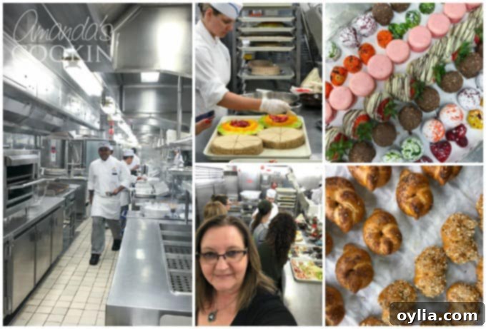 A vibrant collage showcasing the immaculately clean and organized galley of the Island Princess, revealing chefs at work in the enormous kitchen.