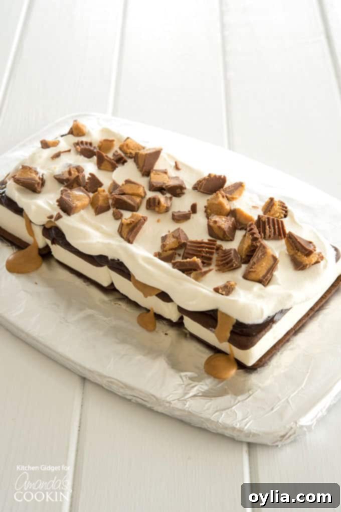 Generous sprinkle of chopped mini peanut butter cups over a layer of whipped topping and ice cream sandwiches.