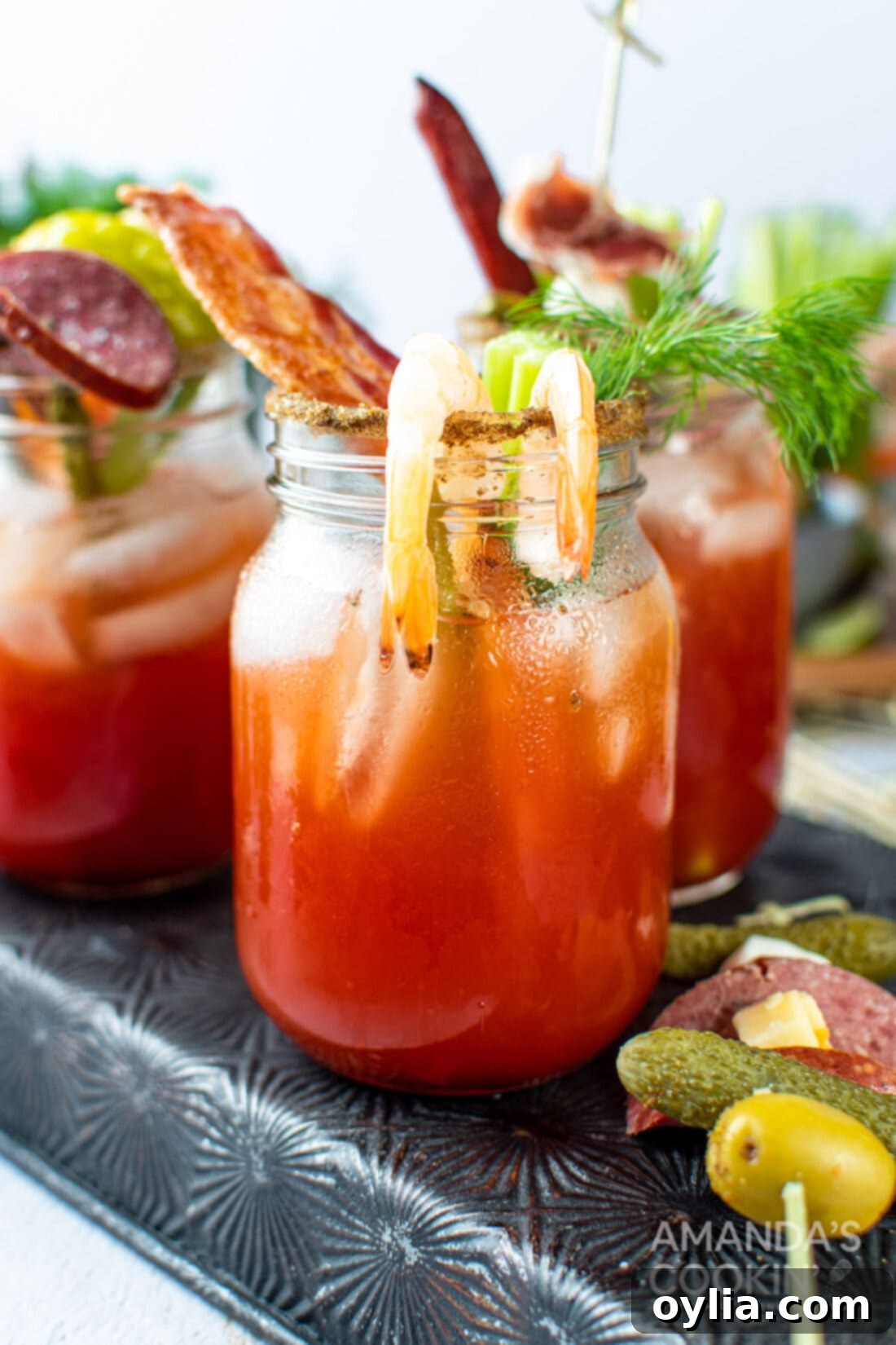 bloody mary drink with bacon and shrimp