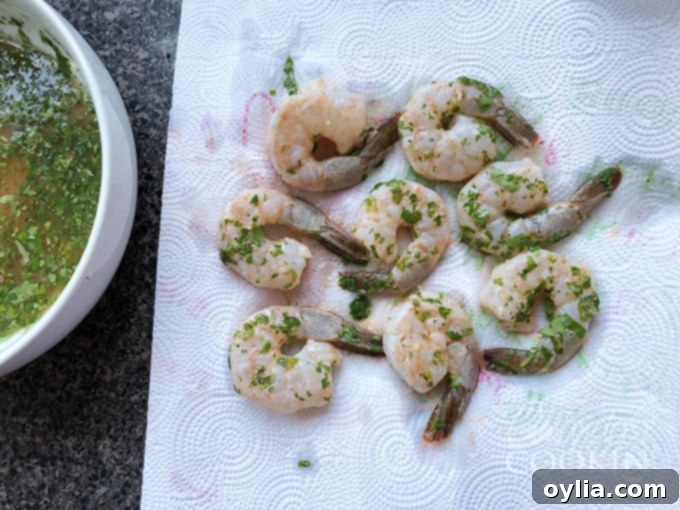 drain marinated shrimp on paper towels