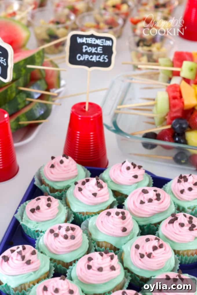 Watermelon poke cupcakes arranged beautifully at a bridal shower