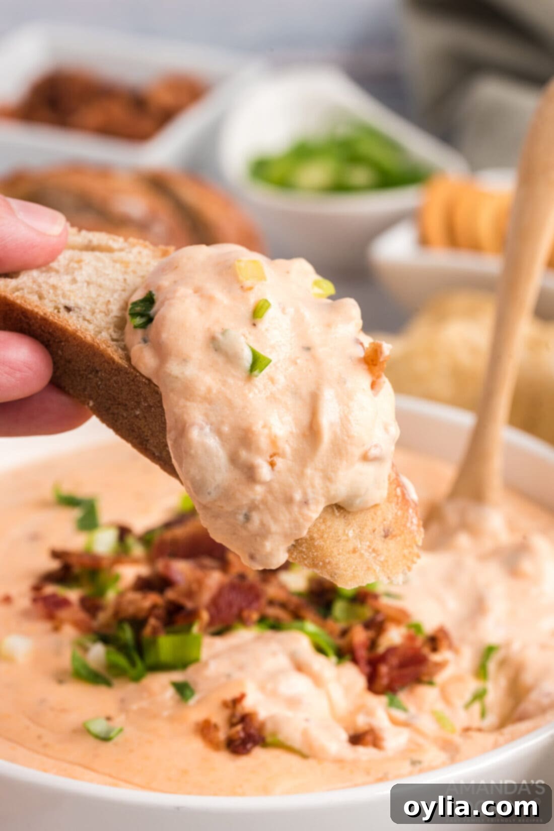 Creamy Crockpot Queso 2 dipping bread in Crockpot Cheese Dip