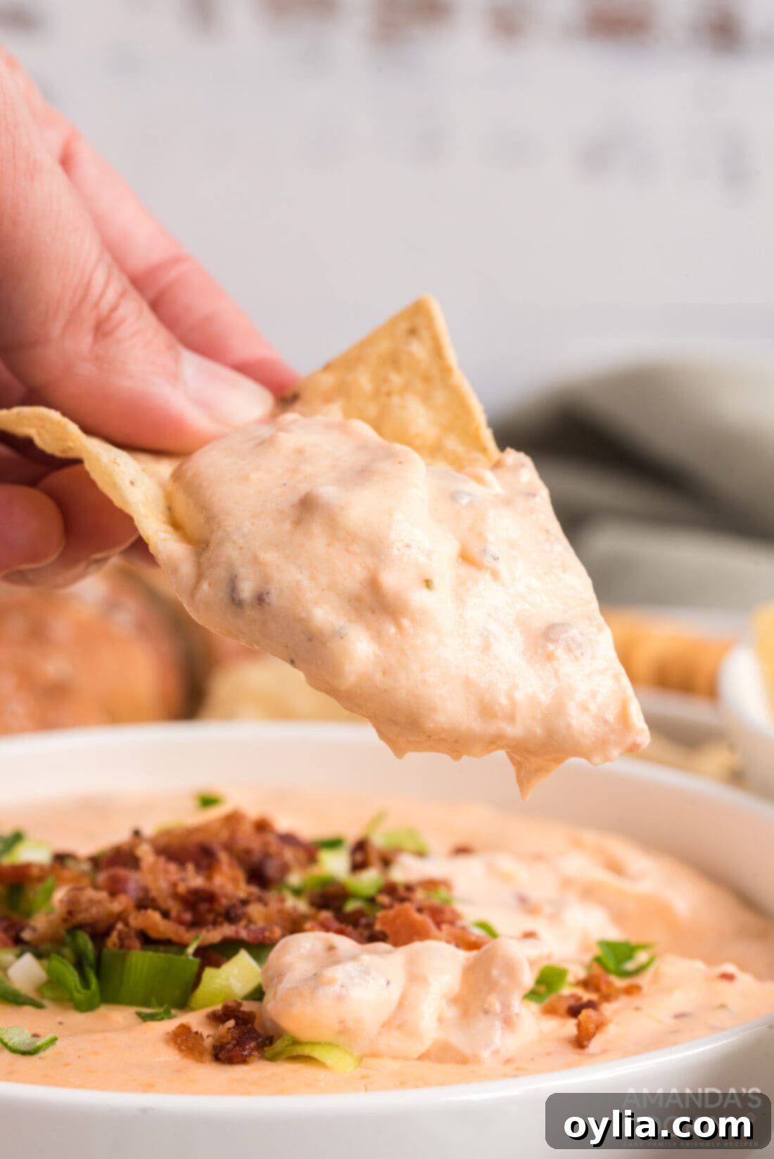 Creamy Crockpot Queso 8 tortilla chip dipped in Crockpot Cheese Dip