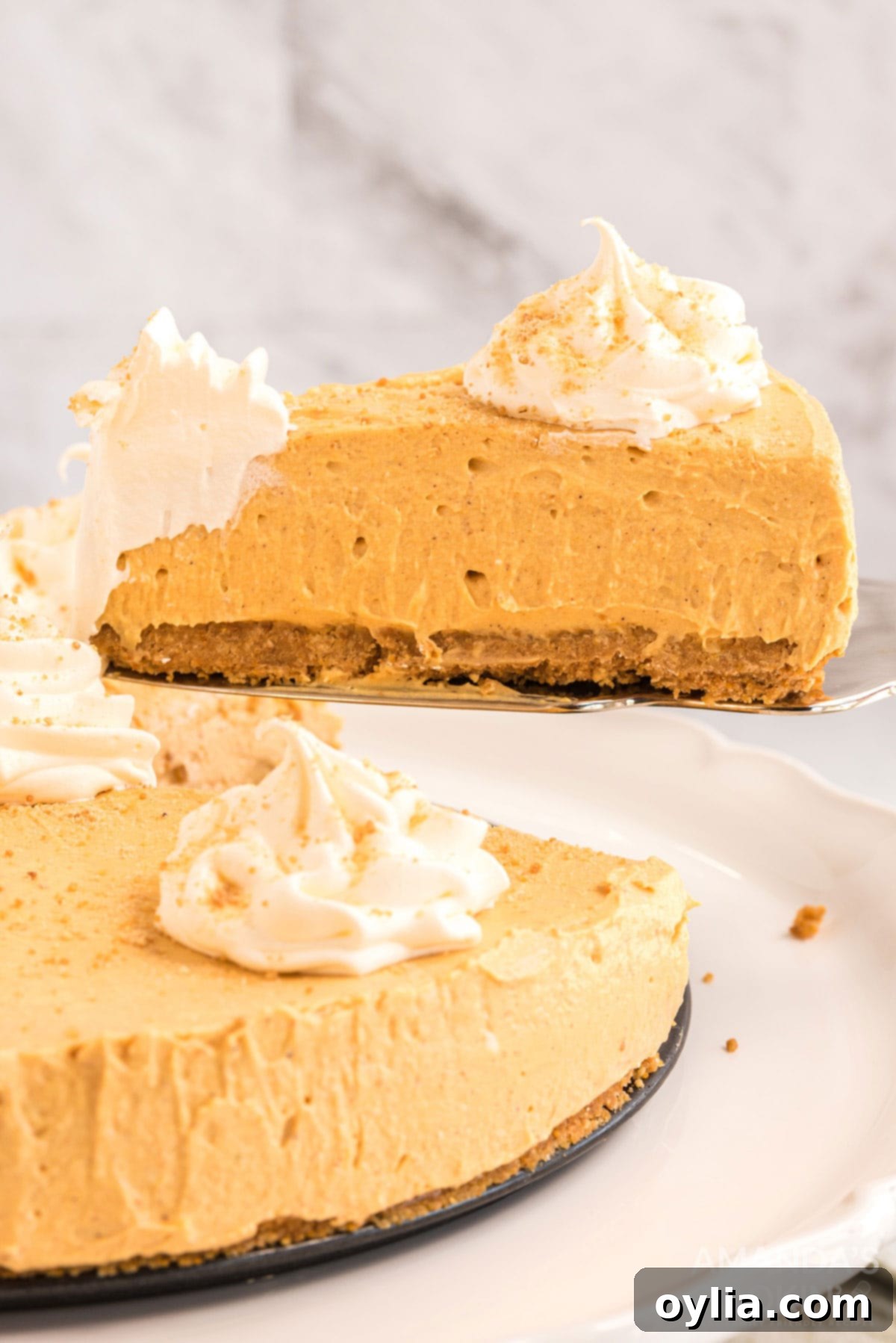 A slice of creamy no-bake pumpkin cheesecake being removed from a serving platter, showcasing its smooth texture and graham cracker crust.