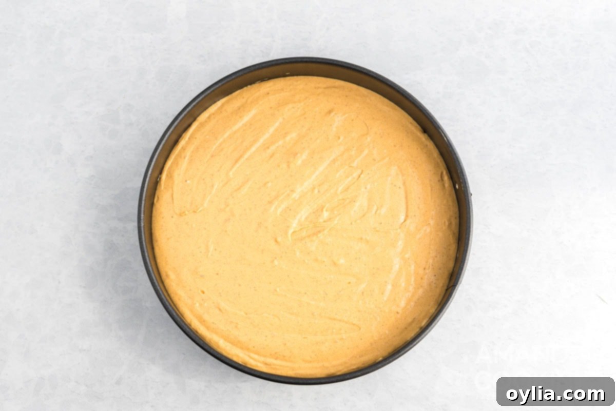 Smooth pumpkin cheesecake batter spread evenly into the graham cracker crust within a springform pan.