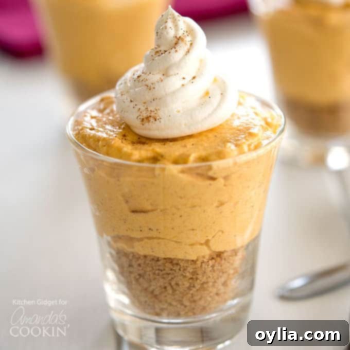 A small glass jar filled with layers of no-bake pumpkin cheesecake and whipped cream, garnished with a sprinkle of cinnamon.