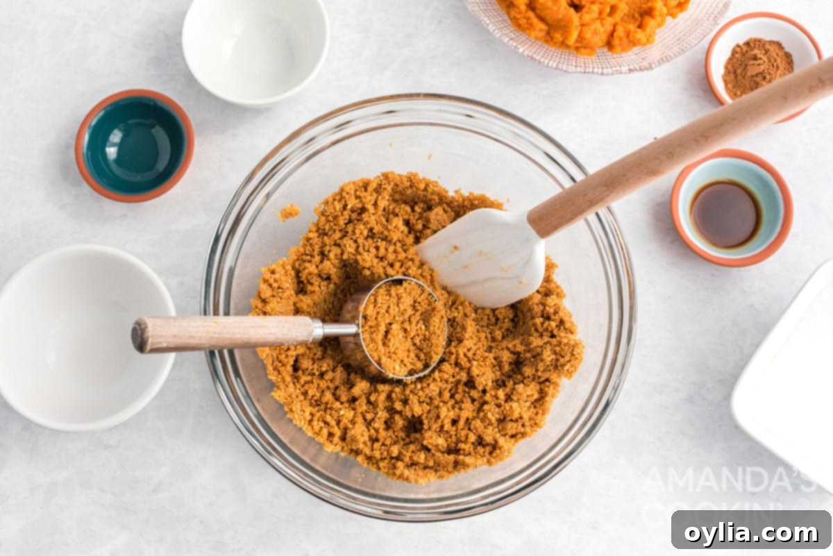 A graham cracker crumb mixture perfectly moistened with butter, shown with a spatula and measuring cup for reference.