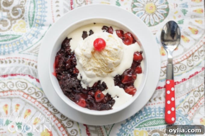 Overhead view of a Crockpot Chocolate Cherry Cobbler